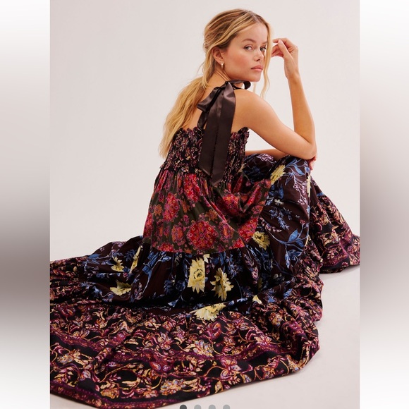 Free People Dresses & Skirts - Free People Bluebell Maxi Dress Tiered Floral Smocked Top Black Combo